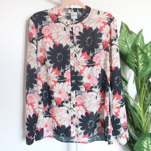 NIC+ZOE Black Pink White Floral Print Button Front Blouse Long Sleeve Size L - Picture 3 of 9